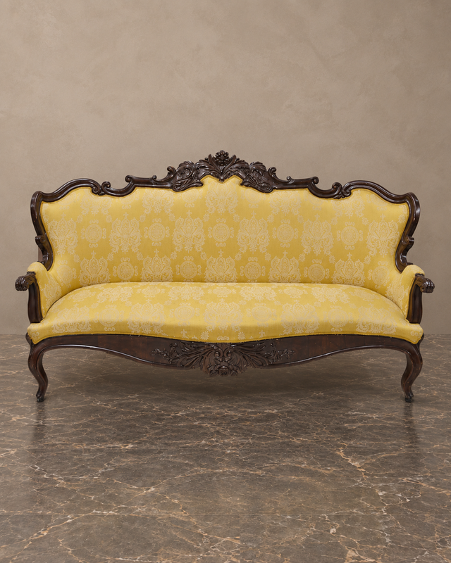 Carved Isabelino-Style Mahogany Sofa with Yellow Silk Damask