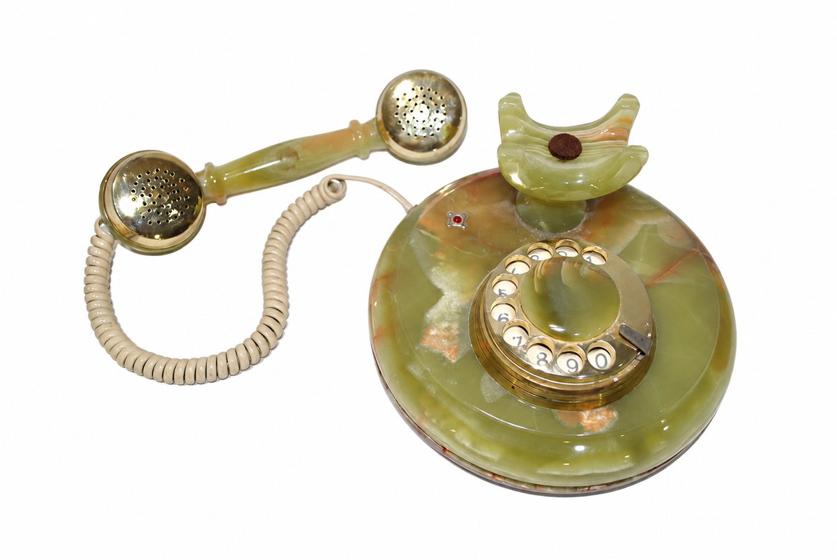Green Onyx Rotary Telephone with Brass-Tone Dial — detail on white background