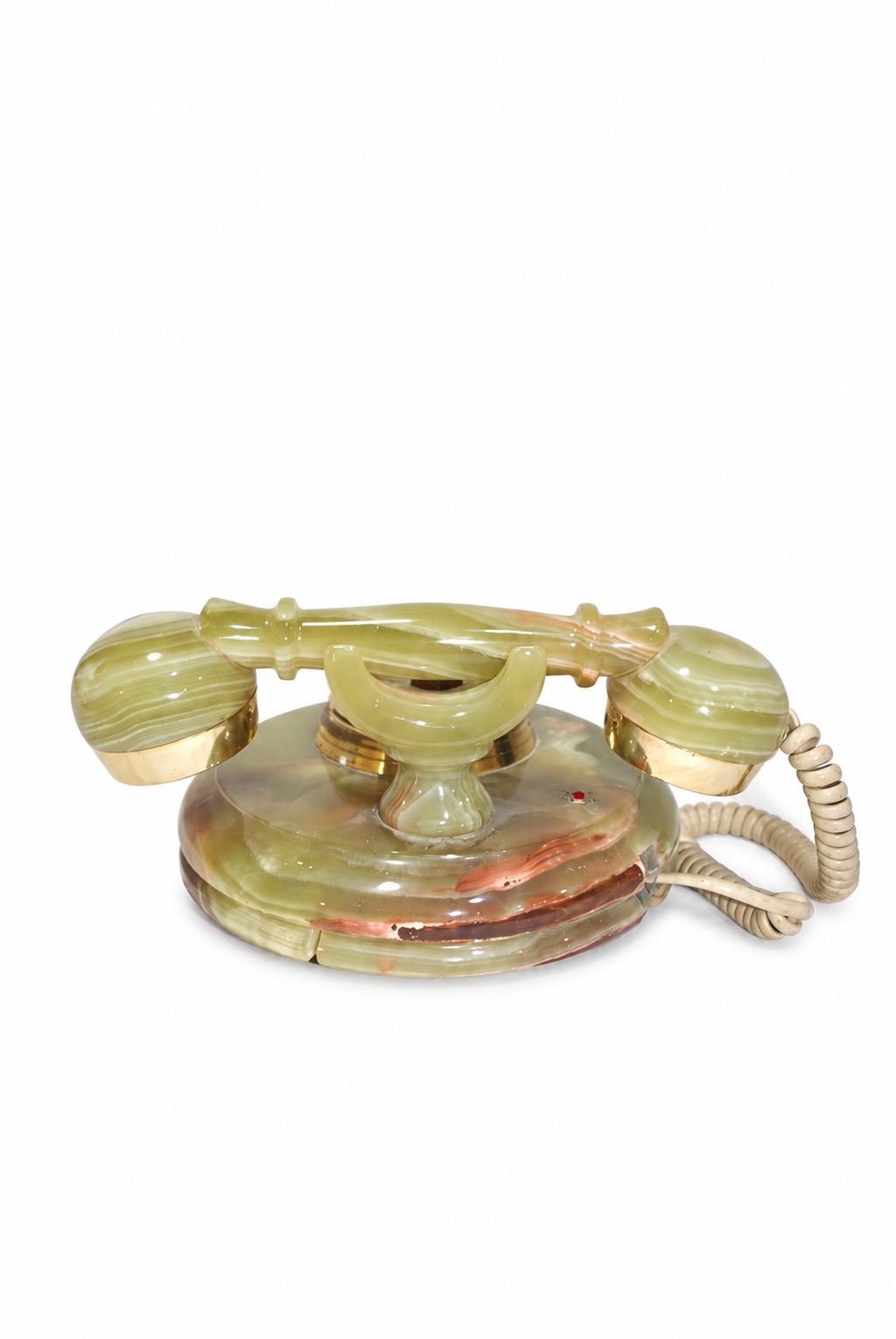 Green Onyx Rotary Telephone with Brass-Tone Dial — detail on white background