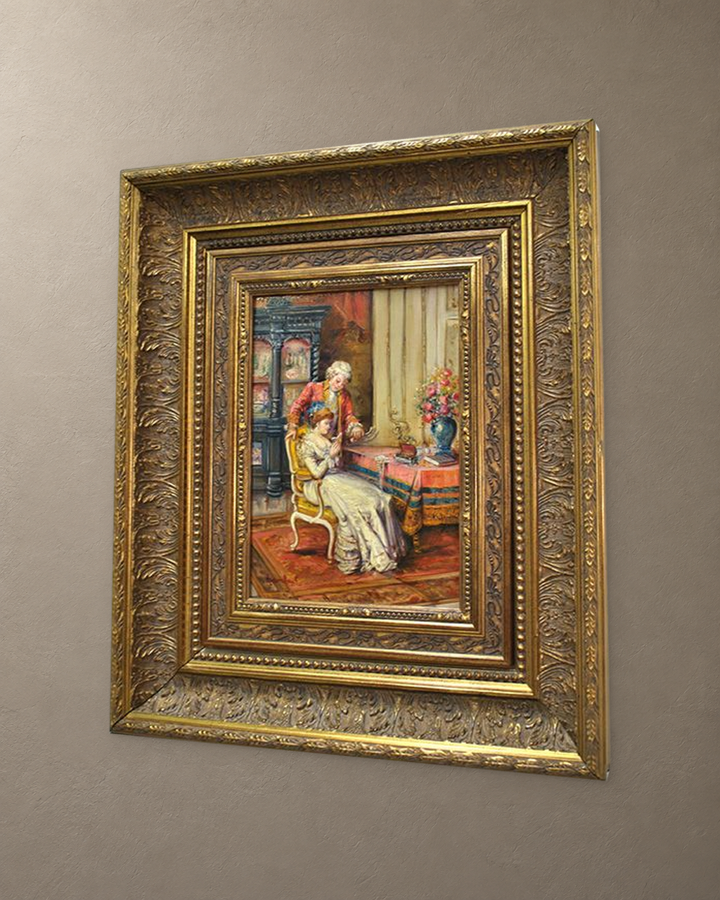 The Jewellery Box, Oil on Copper Signed Lambert — framed artwork on a taupe wall