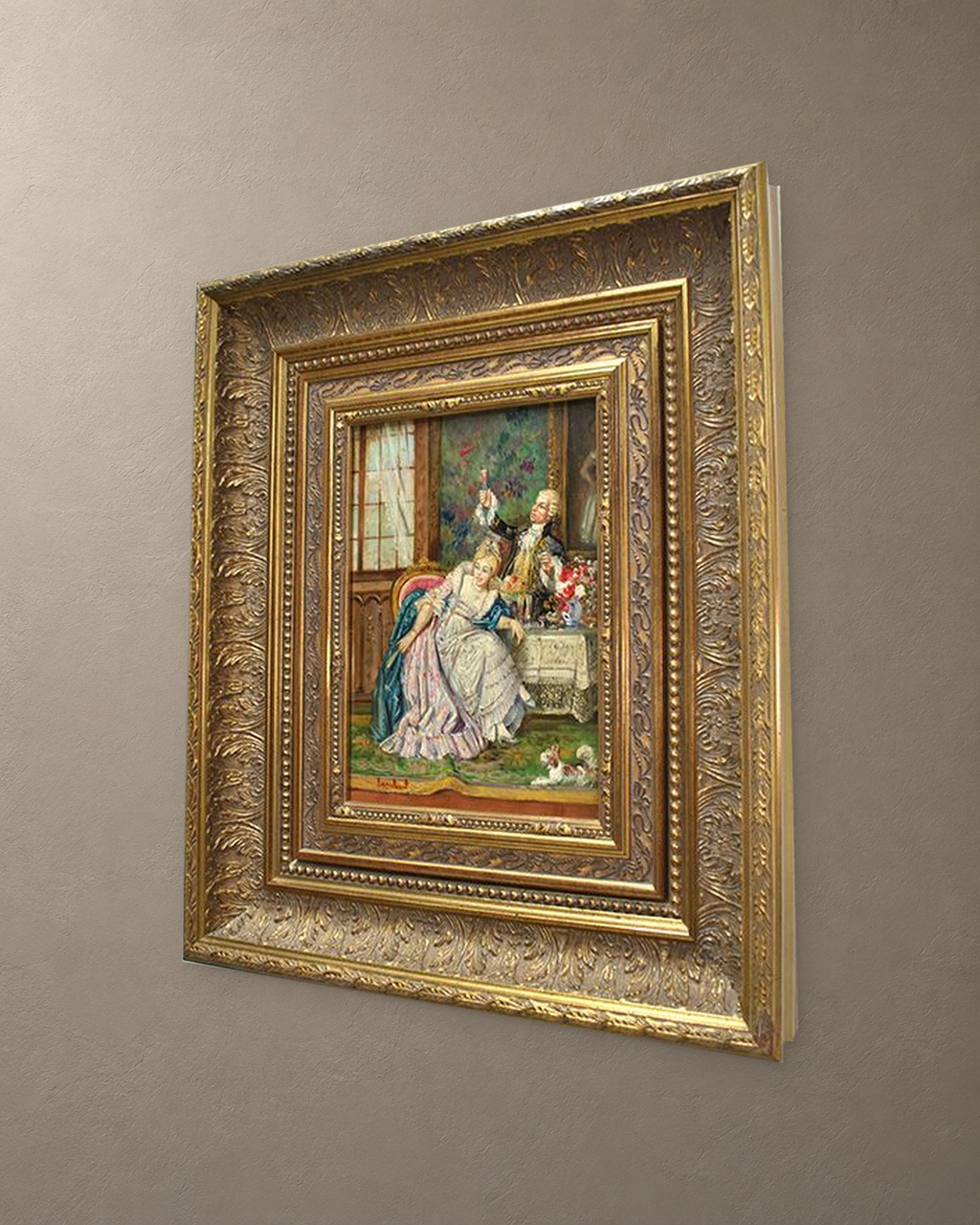 The Raised Glass, Oil on Copper Signed Lambert — framed artwork on a taupe wall