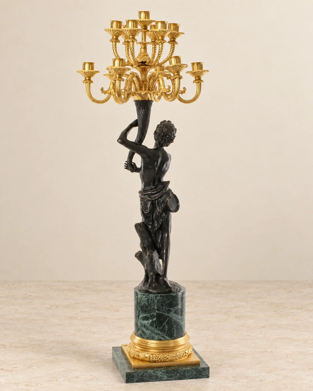 Thirteen-Light Figural Bronze Candelabrum — reverse view