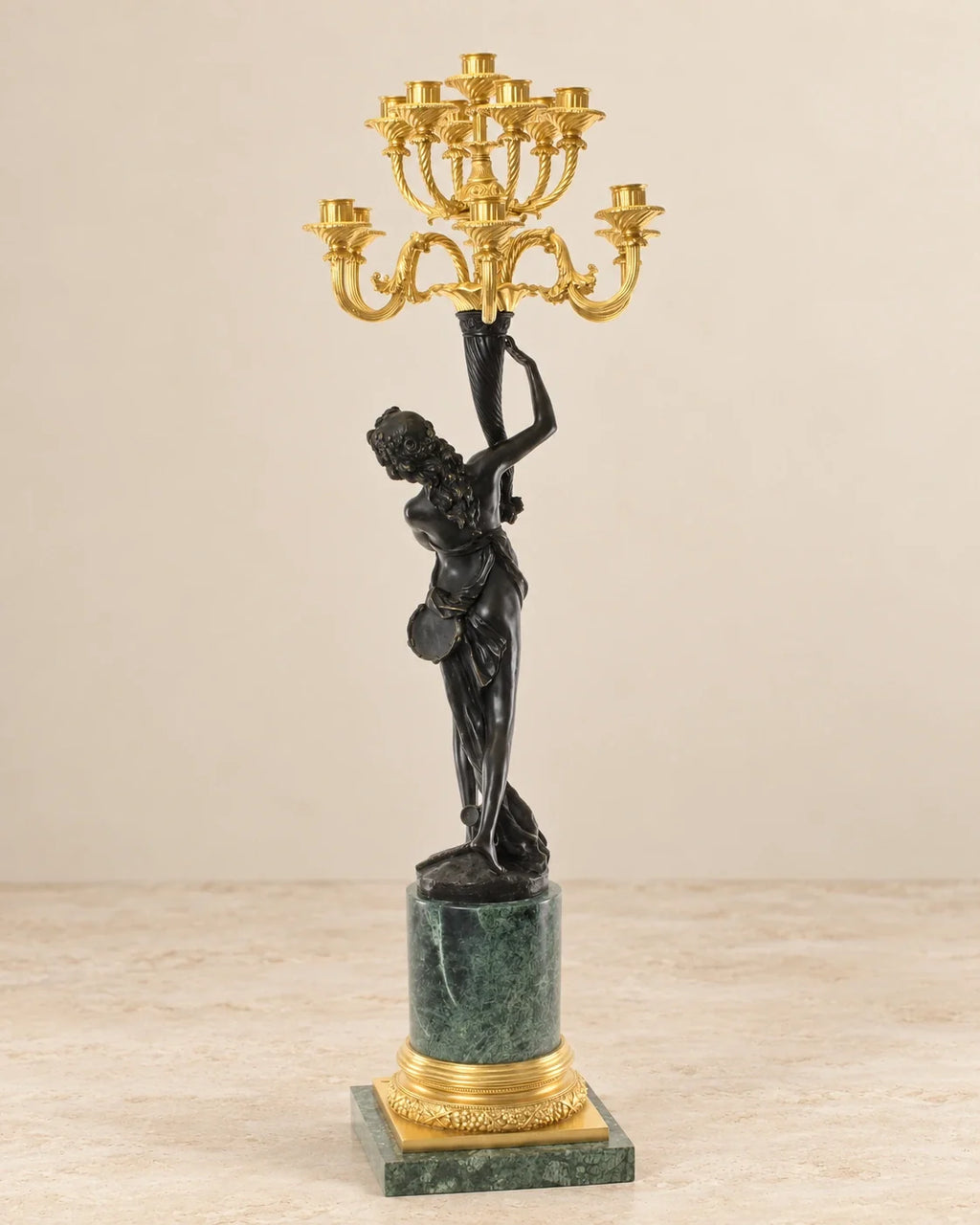 Thirteen-Light Figural Bronze Candelabrum — reverse view