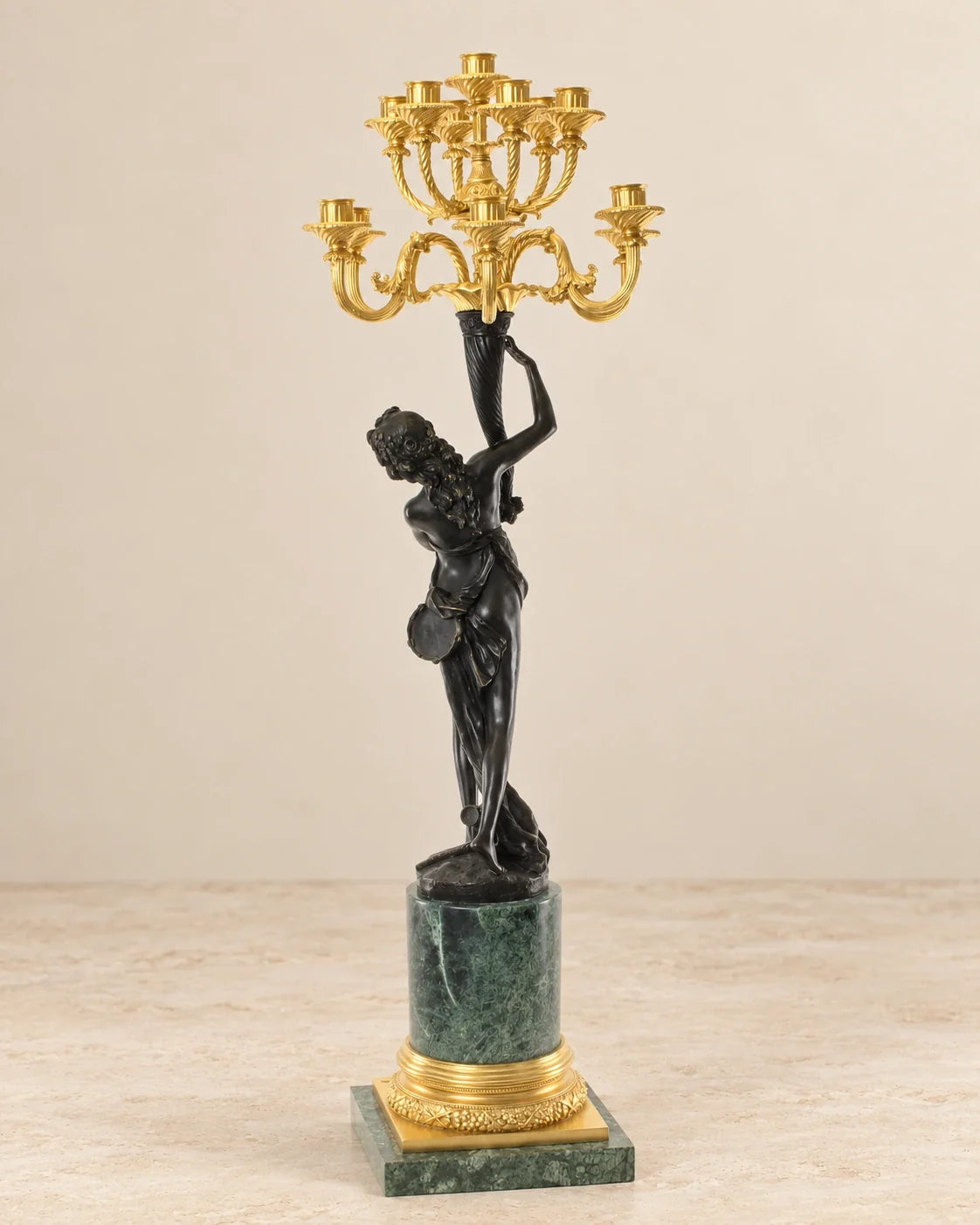Thirteen-Light Figural Bronze Candelabrum — reverse view