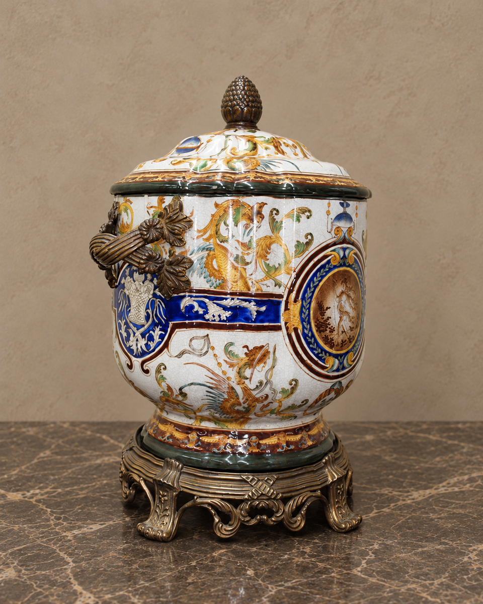 Keramikdeckelvase mit Bronzemontierung und klassischem Medaillon