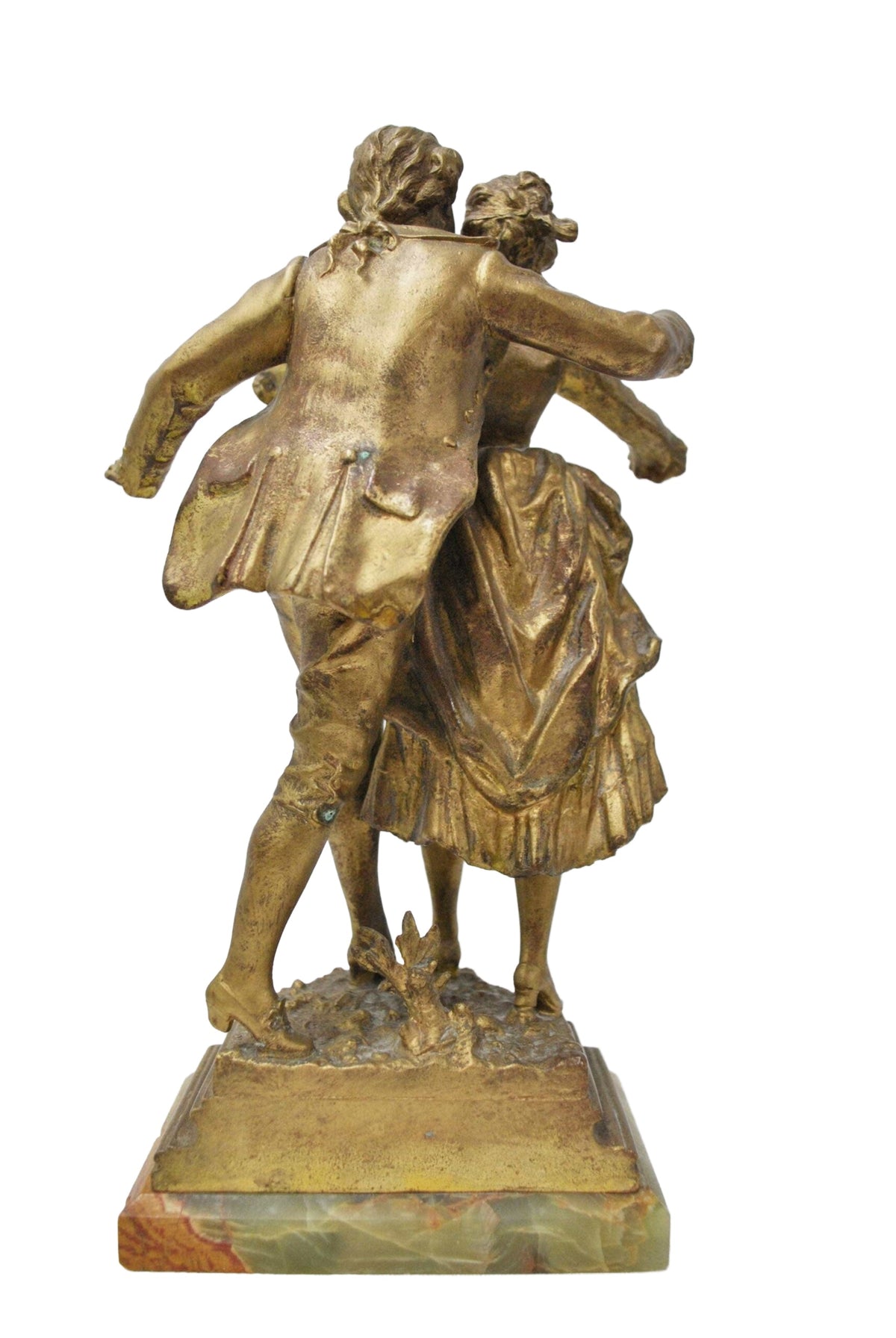 Original rear view of the bronze couple and green marble base on a white background