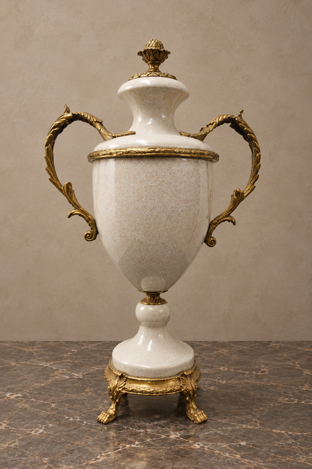 Crackle-Glazed Ceramic Urn with Bronze Mounts — main view