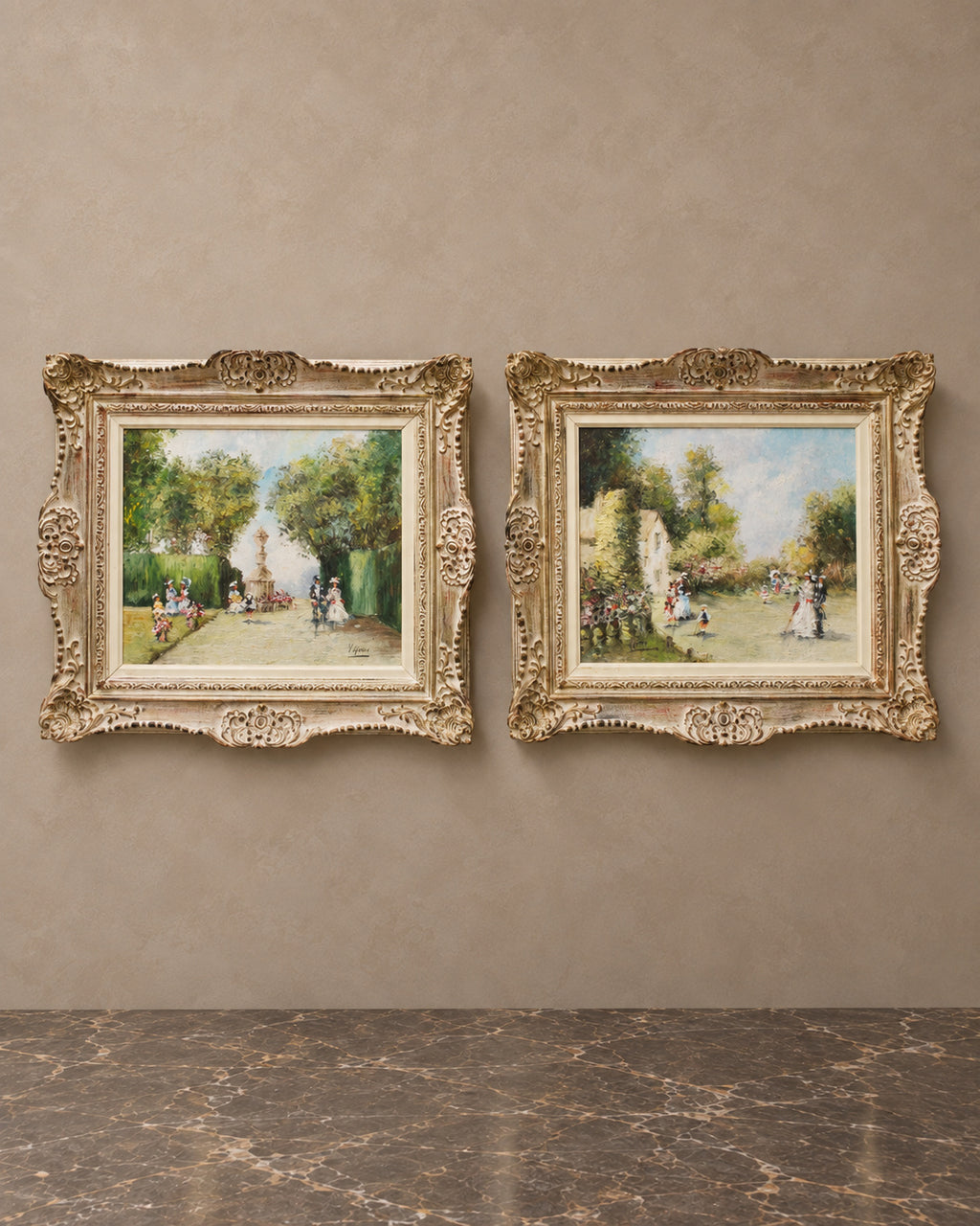 Pair of Romantic Garden Paintings Signed Viguera — main view