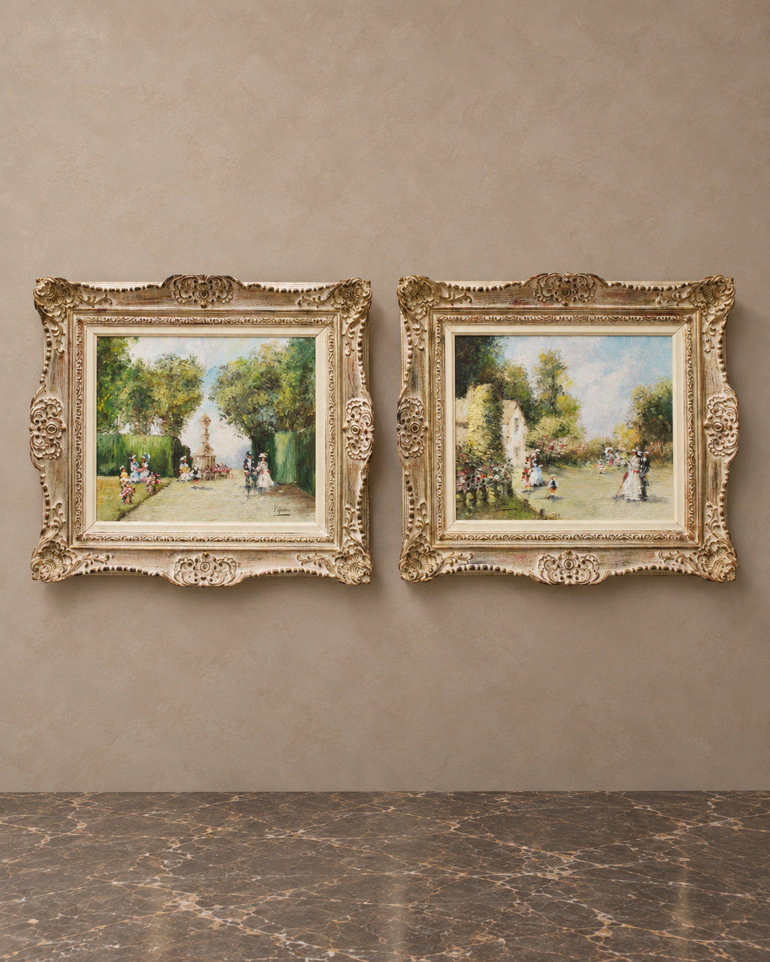 Pair of Romantic Garden Paintings Signed Viguera — main view