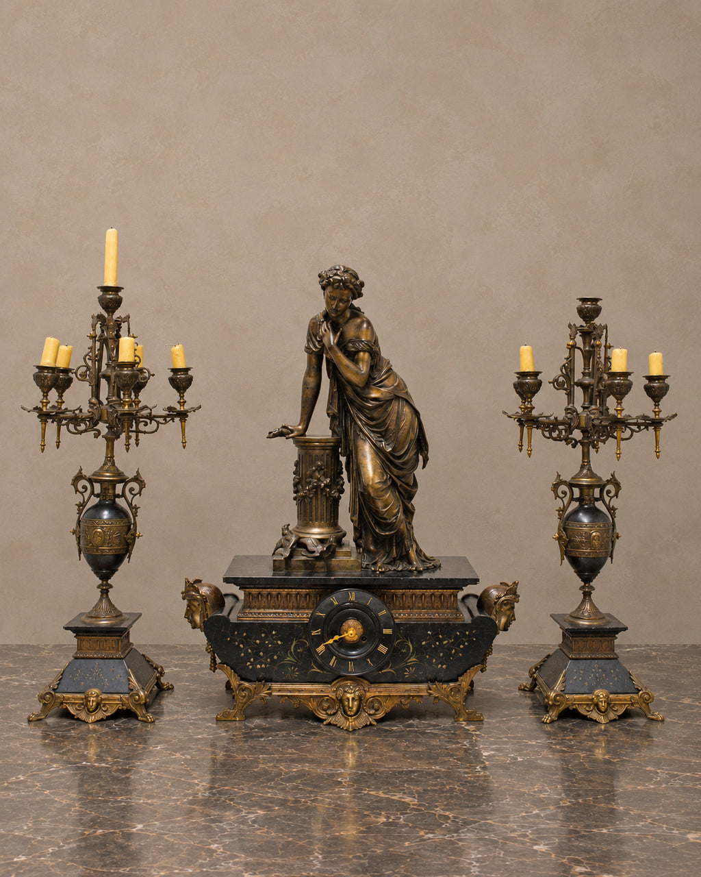 Louis XVI-Style Figural Clock and Candelabra Garniture — main view