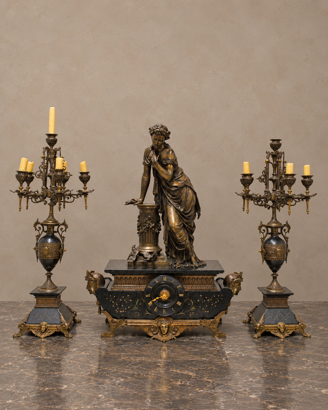 Louis XVI-Style Figural Clock and Candelabra Garniture — main view