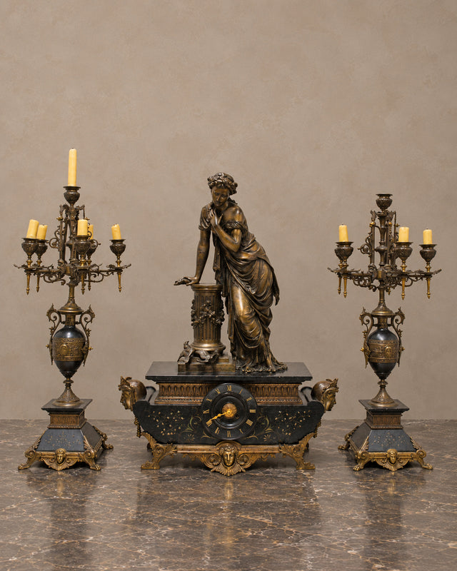 Louis XVI-Style Figural Clock and Candelabra Garniture
