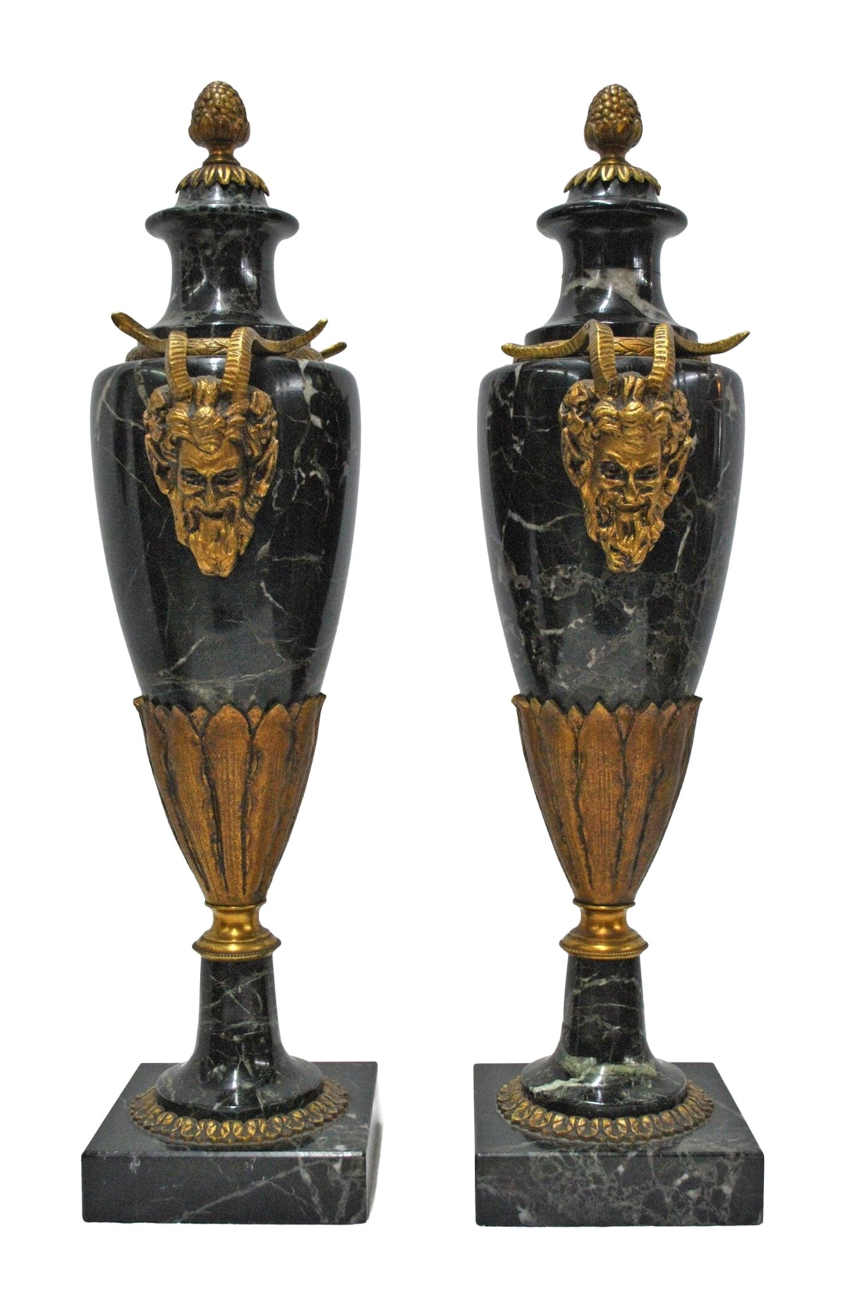 Pair of Black Marble Urns with Gilt-Bronze Masks — alternative view or condition detail