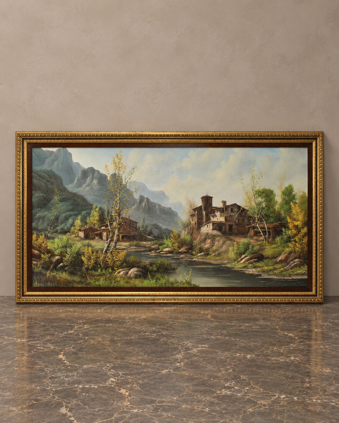 Mountain and Village Landscape Oil Painting in a Gilt Frame — main view