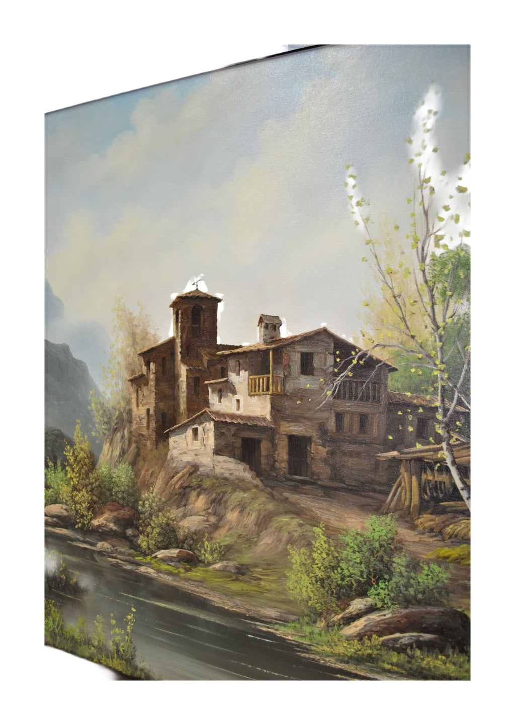 Mountain and Village Landscape Oil Painting in a Gilt Frame — alternative view or condition detail