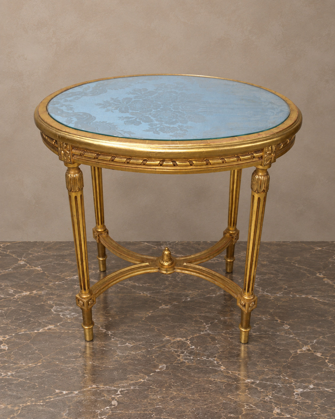 Louis XVI-Style Giltwood Oval Table with Blue Floral Top — main view
