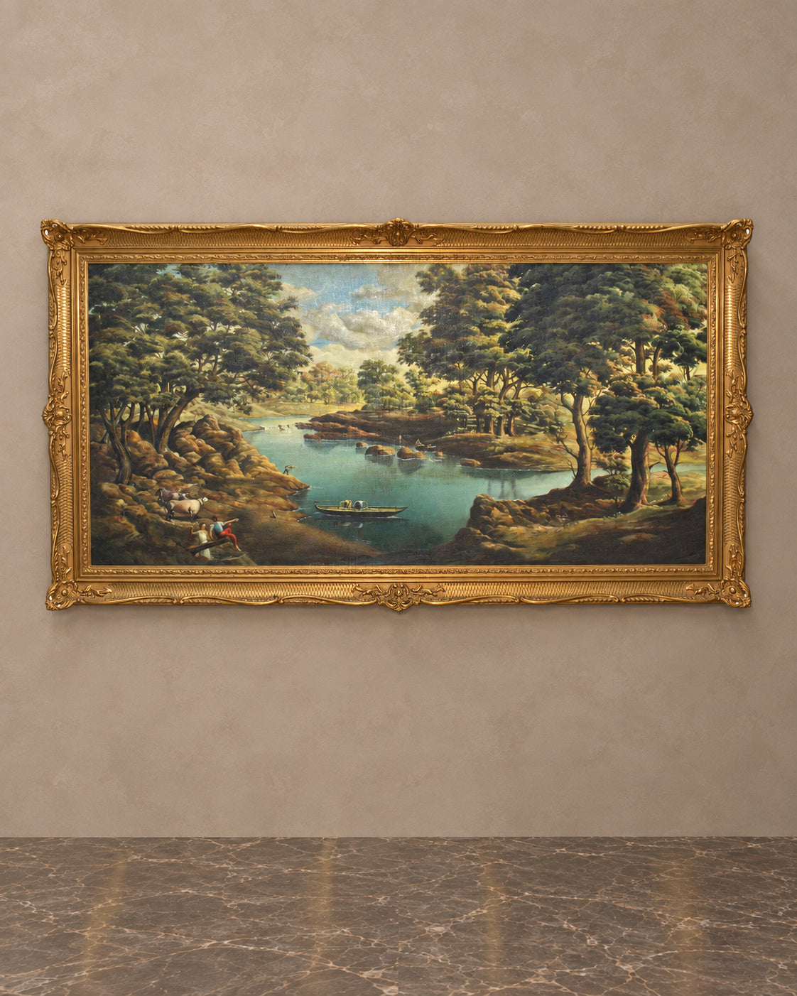 River Landscape Oil Painting in an Ornate Gilt Frame — main view
