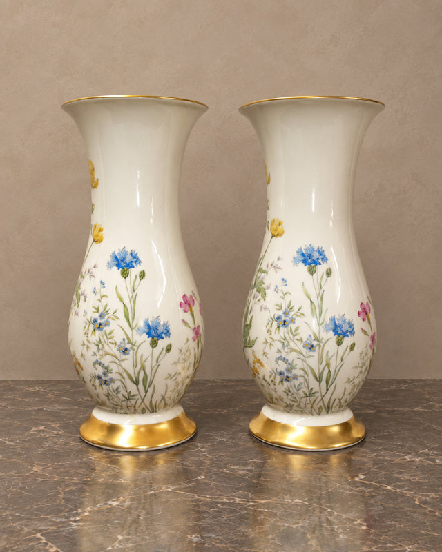 Pair of Bavarian Floral Porcelain Vases with Gilt Rims