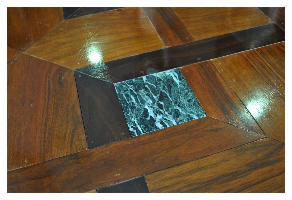 Large Mahogany Dining Table with Geometric Inlay and Green Marble — alternative view or condition detail