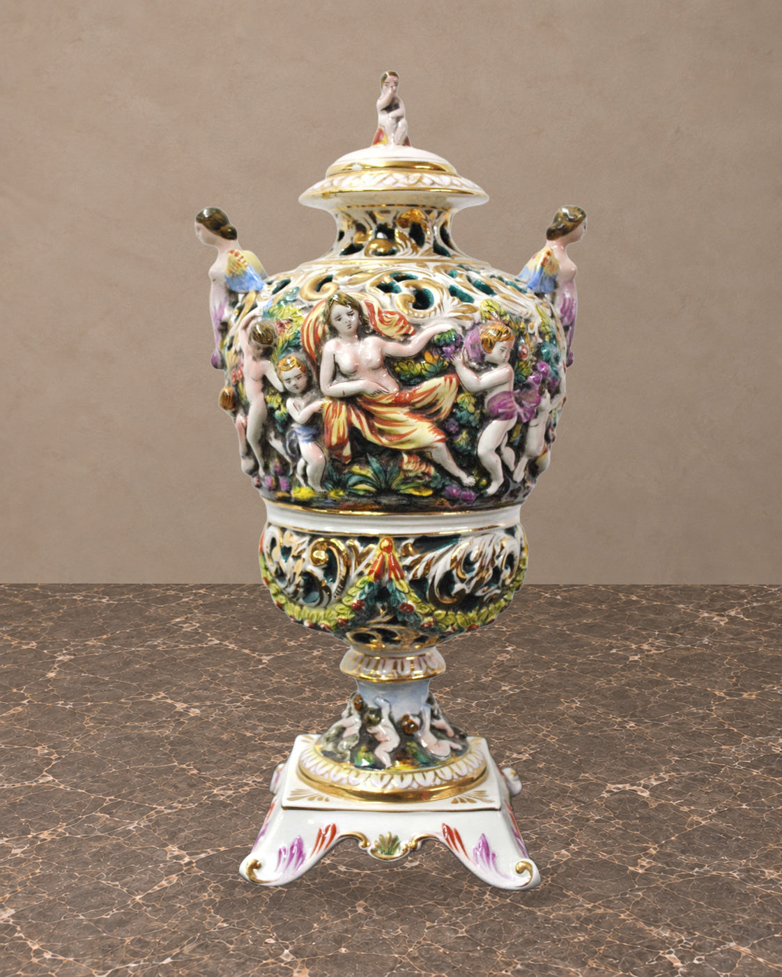Capodimonte-Style Figural Porcelain Covered Vase — main view