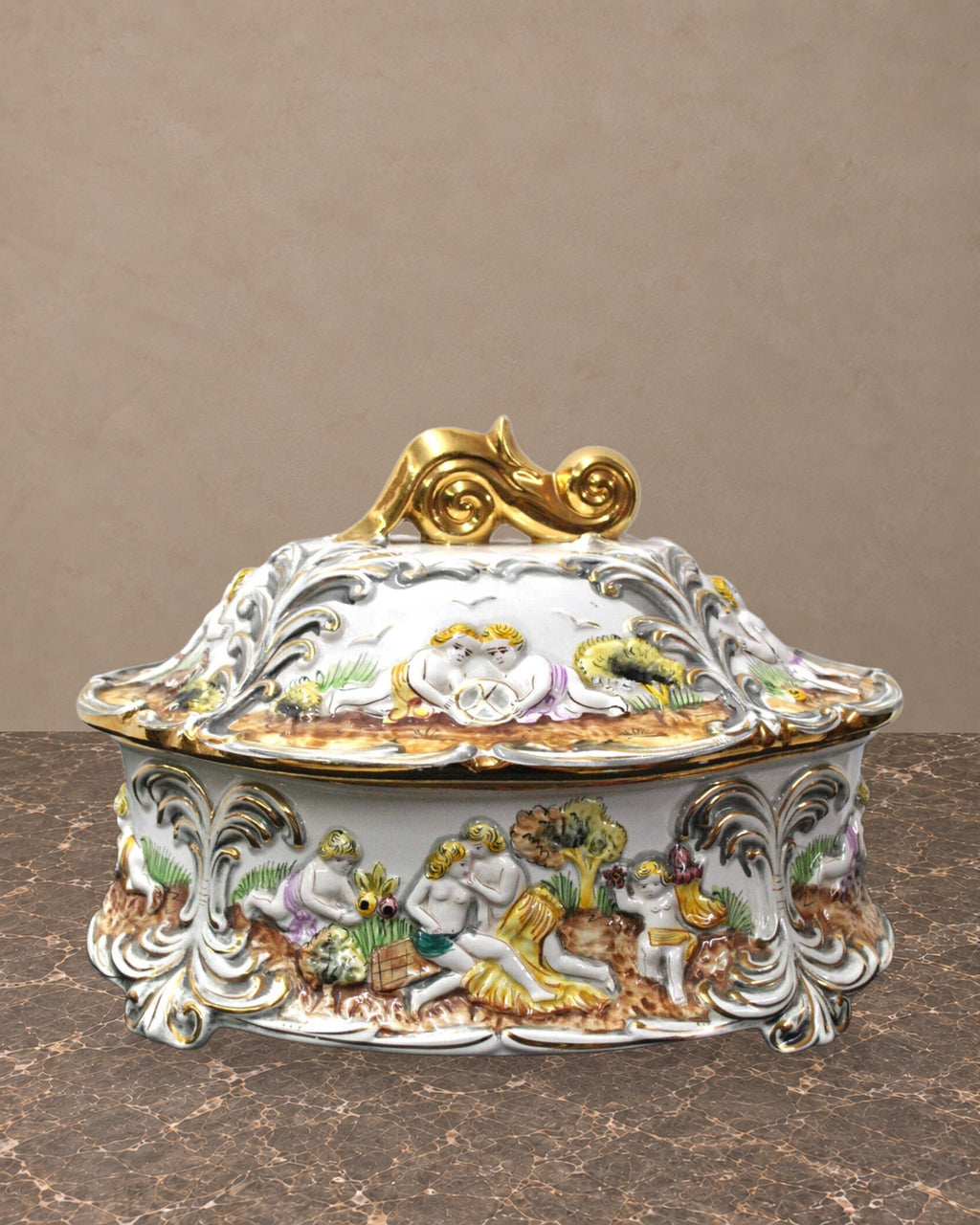 Italian Porcelain Covered Tureen with Mythological Reliefs — main view