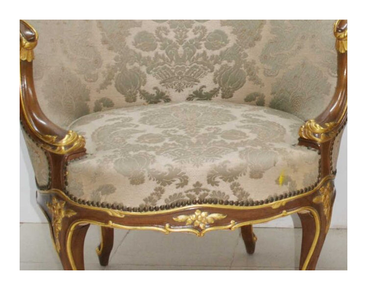 Pair of Louis XV-Style Gilt-Accented Damask Armchairs — alternative view or condition detail