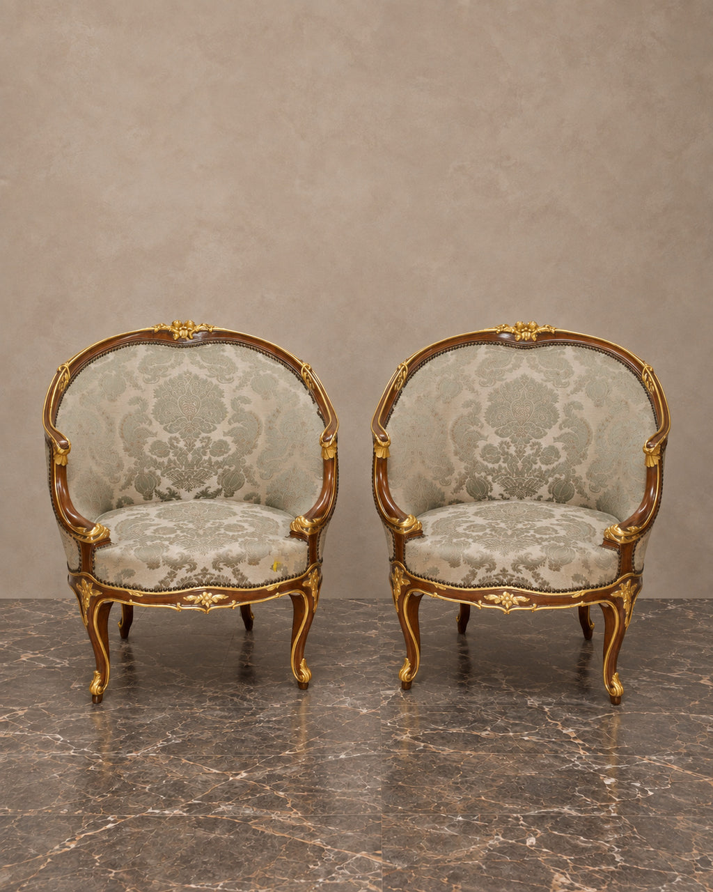 Pair of Louis XV-Style Gilt-Accented Damask Armchairs — main view