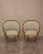 Pair of Louis XV-Style Gilt-Accented Damask Armchairs — main view