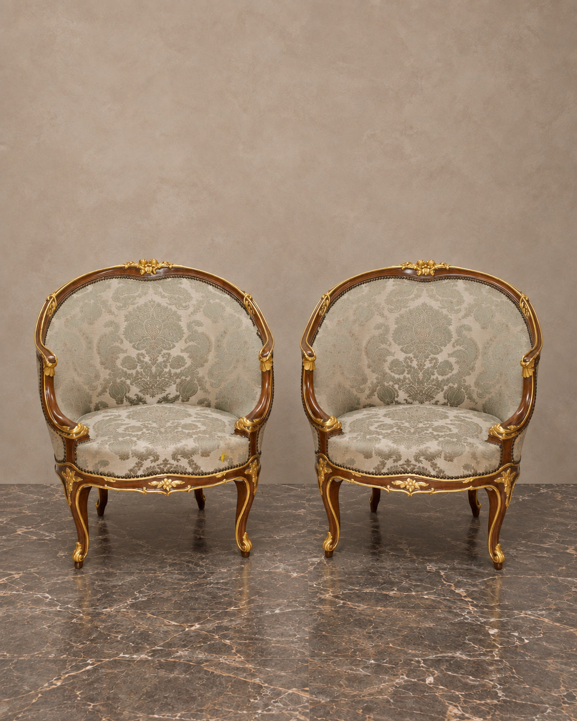 Pair of Louis XV-Style Gilt-Accented Damask Armchairs — main view