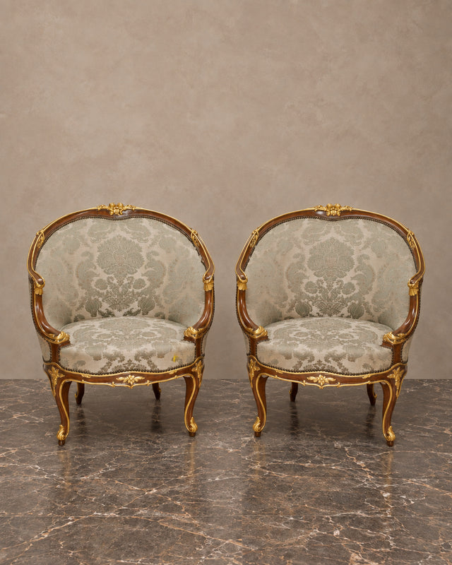 Pair of Louis XV-Style Gilt-Accented Damask Armchairs