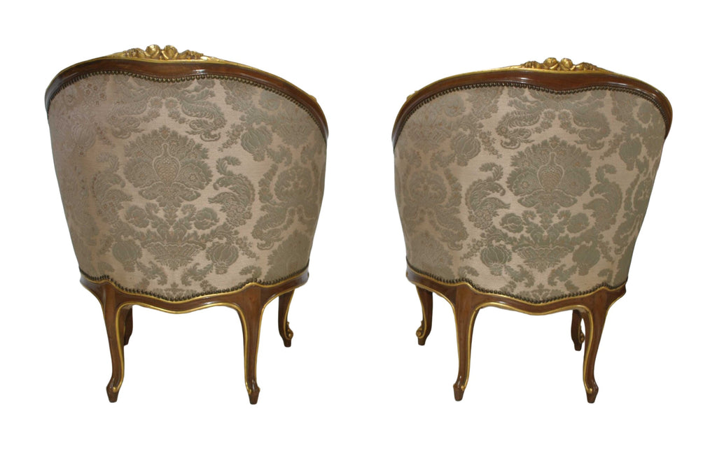Pair of Louis XV-Style Gilt-Accented Damask Armchairs — alternative view or condition detail
