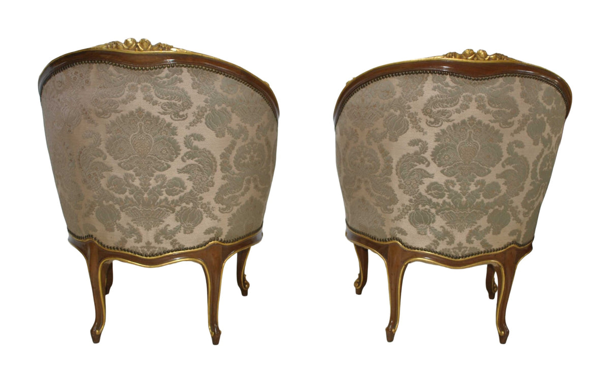 Pair of Louis XV-Style Gilt-Accented Damask Armchairs — alternative view or condition detail