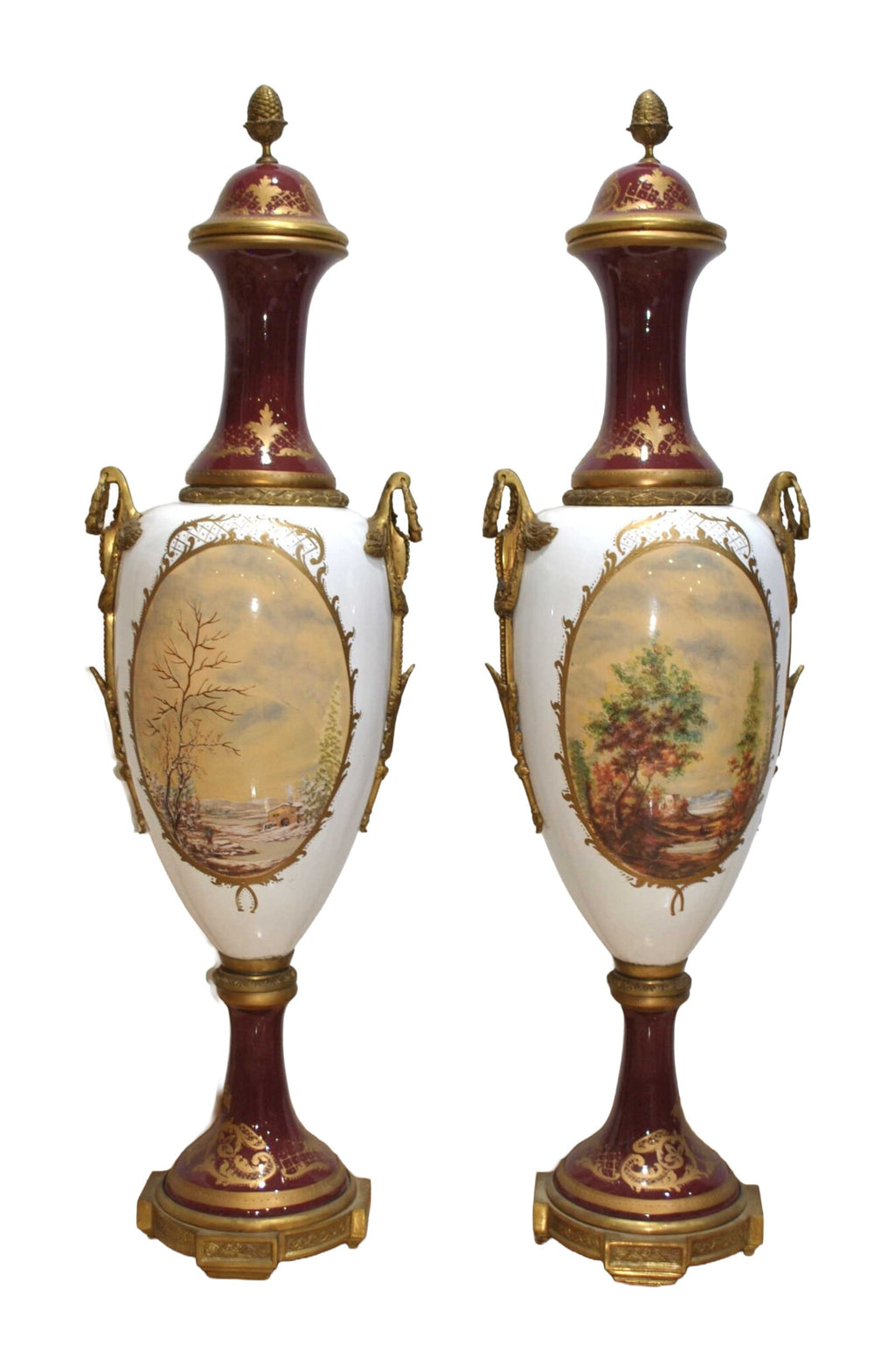 Pair of Monumental Burgundy Porcelain Vases with Pastoral Scenes — alternative view or condition detail