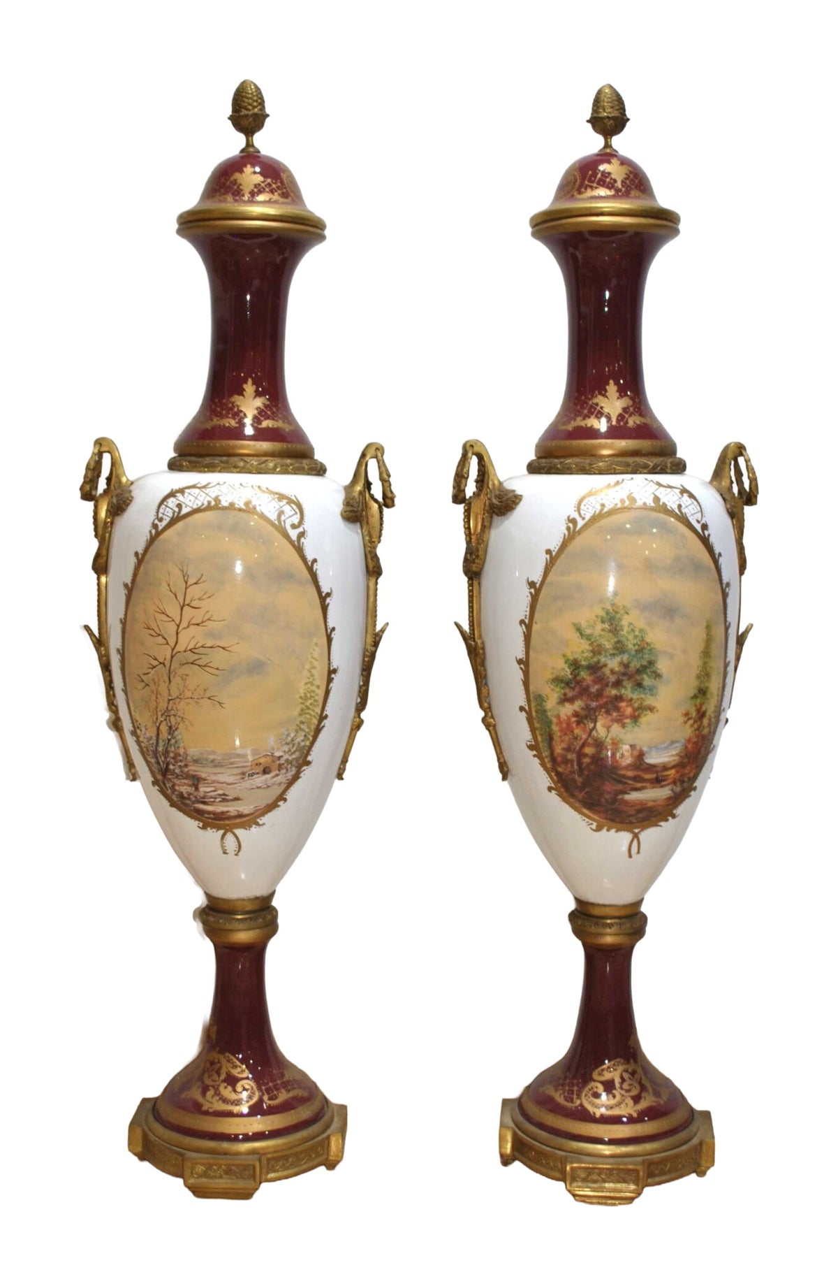 Pair of Monumental Burgundy Porcelain Vases with Pastoral Scenes — alternative view or condition detail