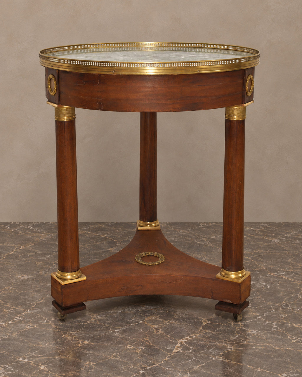 Empire-Style Round Table with Marble Top and Gilt Gallery — main view
