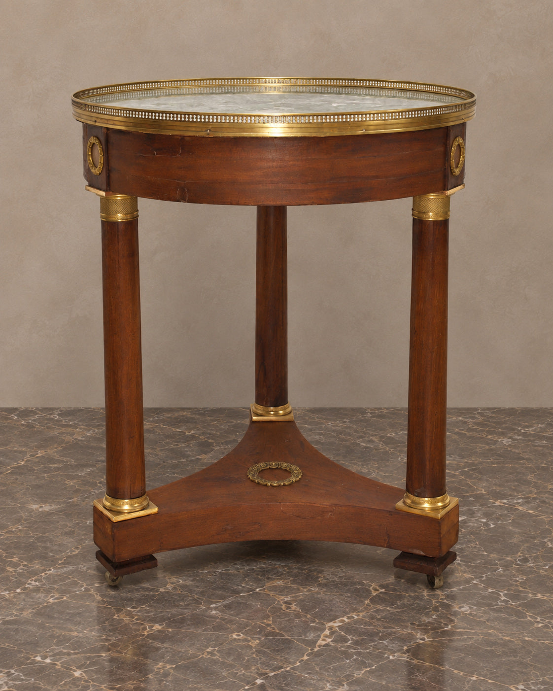 Empire-Style Round Table with Marble Top and Gilt Gallery — main view