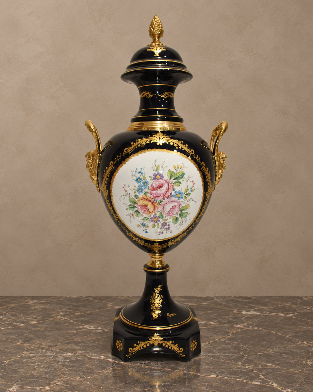Cobalt Porcelain Lidded Vase with Floral Medallion — main view