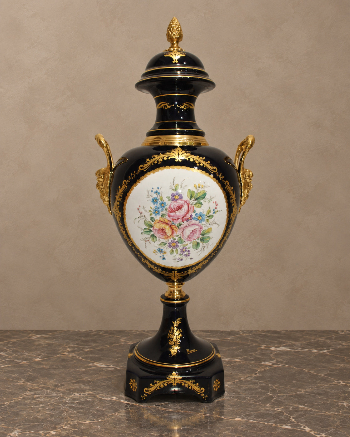 Cobalt Porcelain Lidded Vase with Floral Medallion — main view
