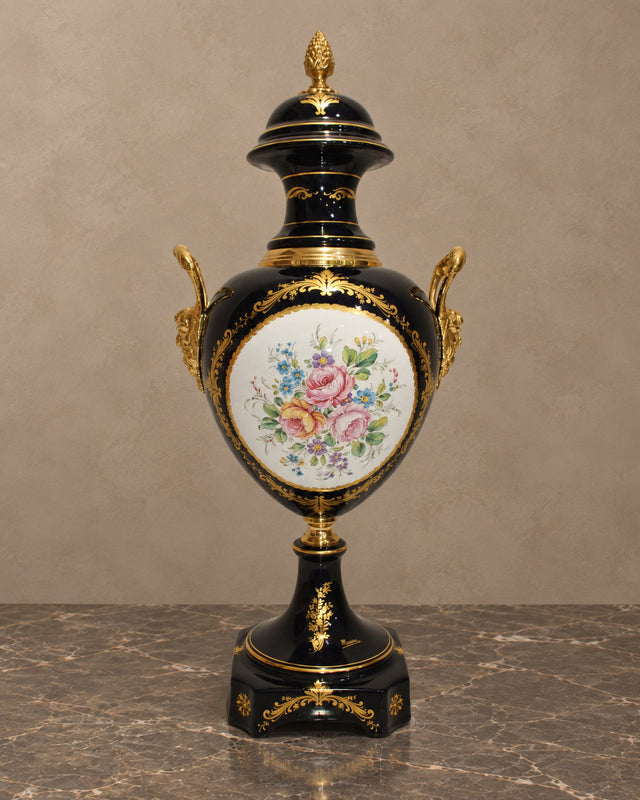 Cobalt Porcelain Lidded Vase with Floral Medallion