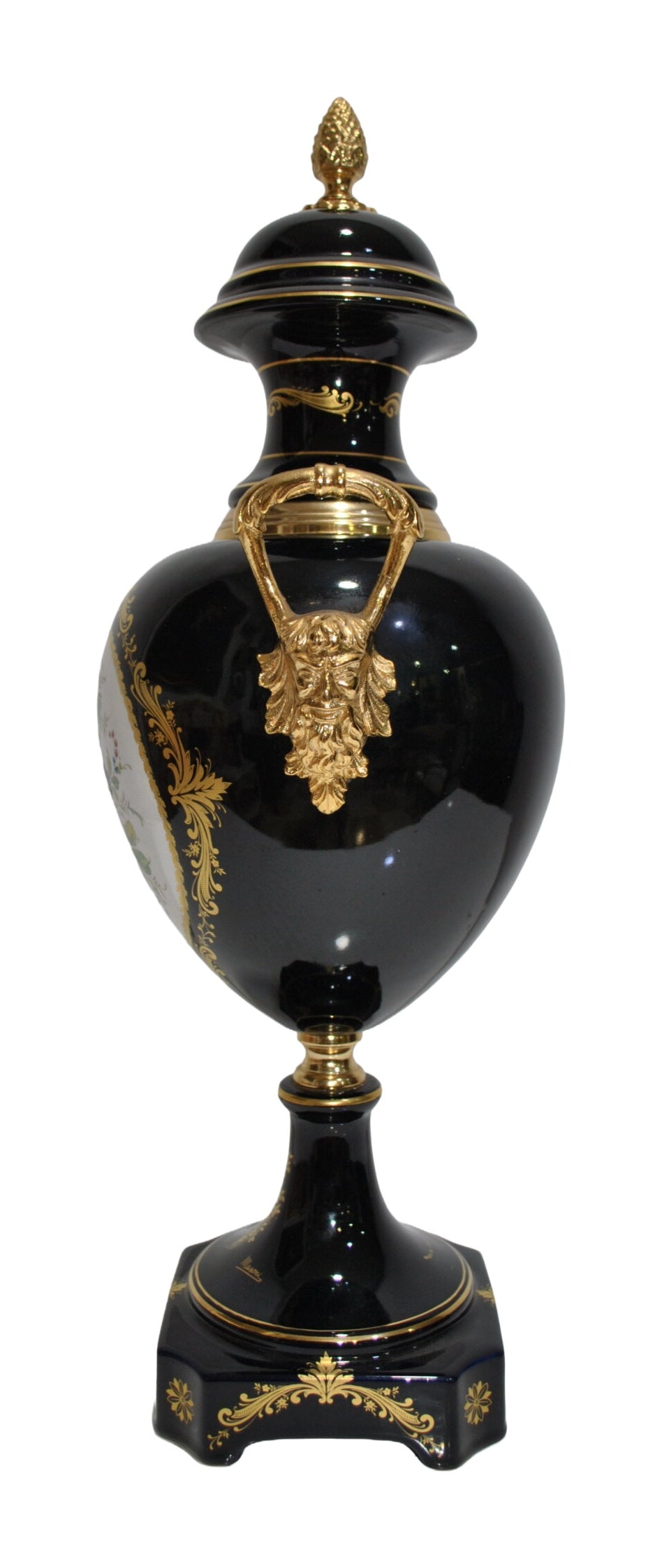 Cobalt Porcelain Lidded Vase with Floral Medallion — alternative view or condition detail