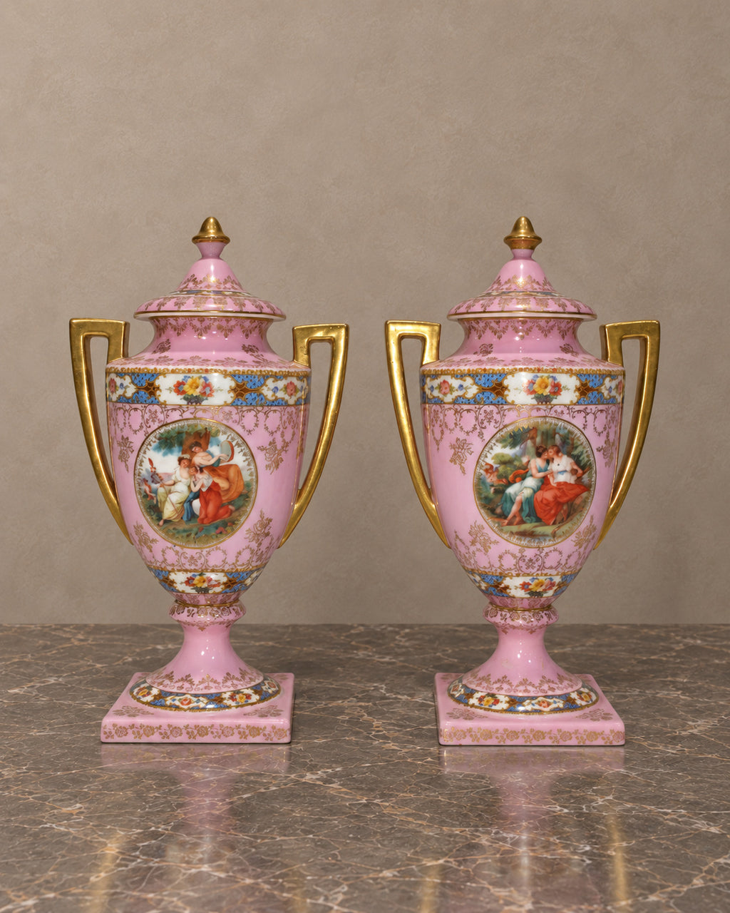 Pair of Pink Porcelain Lidded Vases with Romantic Scenes — main view