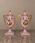 Pair of Pink Porcelain Lidded Vases with Romantic Scenes — main view