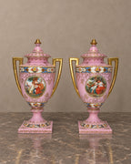 Pair of Pink Porcelain Lidded Vases with Romantic Scenes — main view