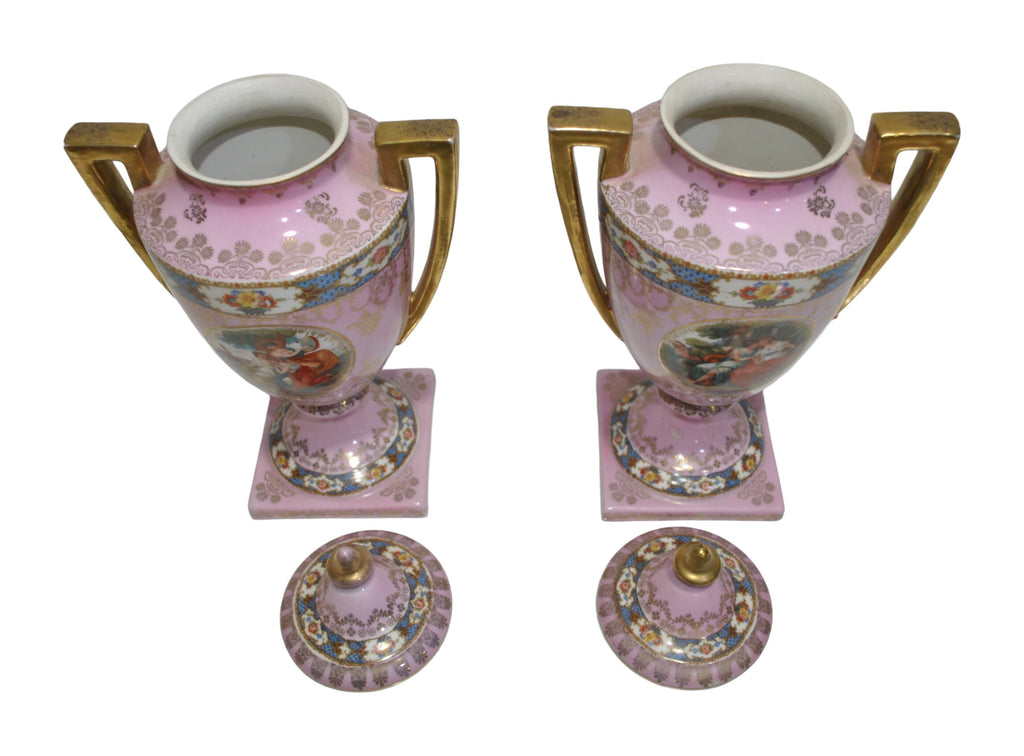 Pair of Pink Porcelain Lidded Vases with Romantic Scenes — alternative view or condition detail