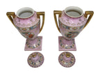 Pair of Pink Porcelain Lidded Vases with Romantic Scenes — alternative view or condition detail