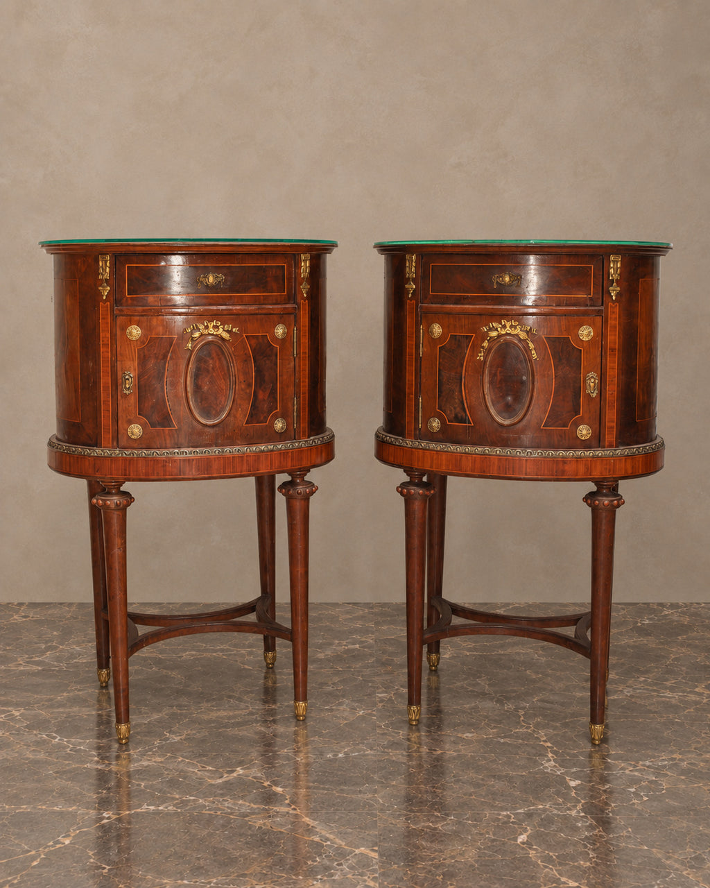 Pair of Louis XVI-Style Marquetry Bedside Cabinets with Glass Tops — main view