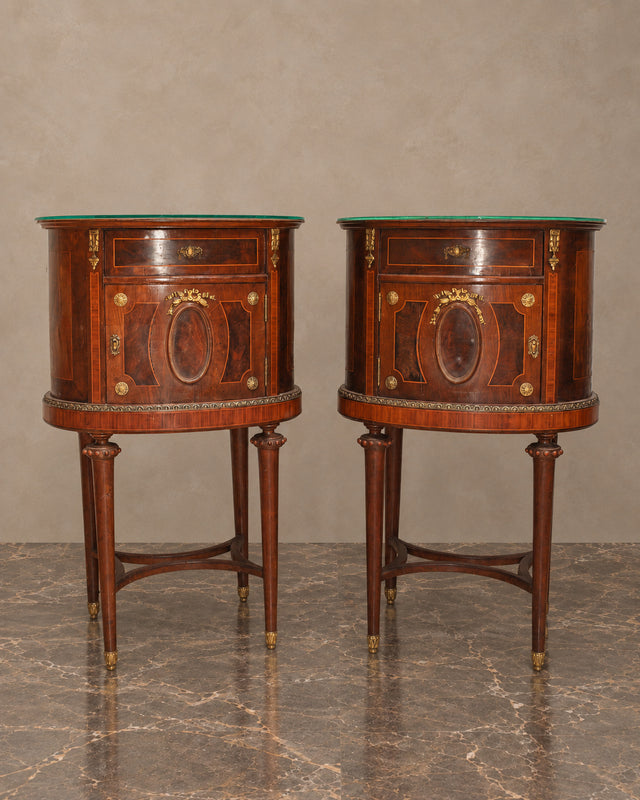 Pair of Louis XVI-Style Marquetry Bedside Cabinets with Glass Tops
