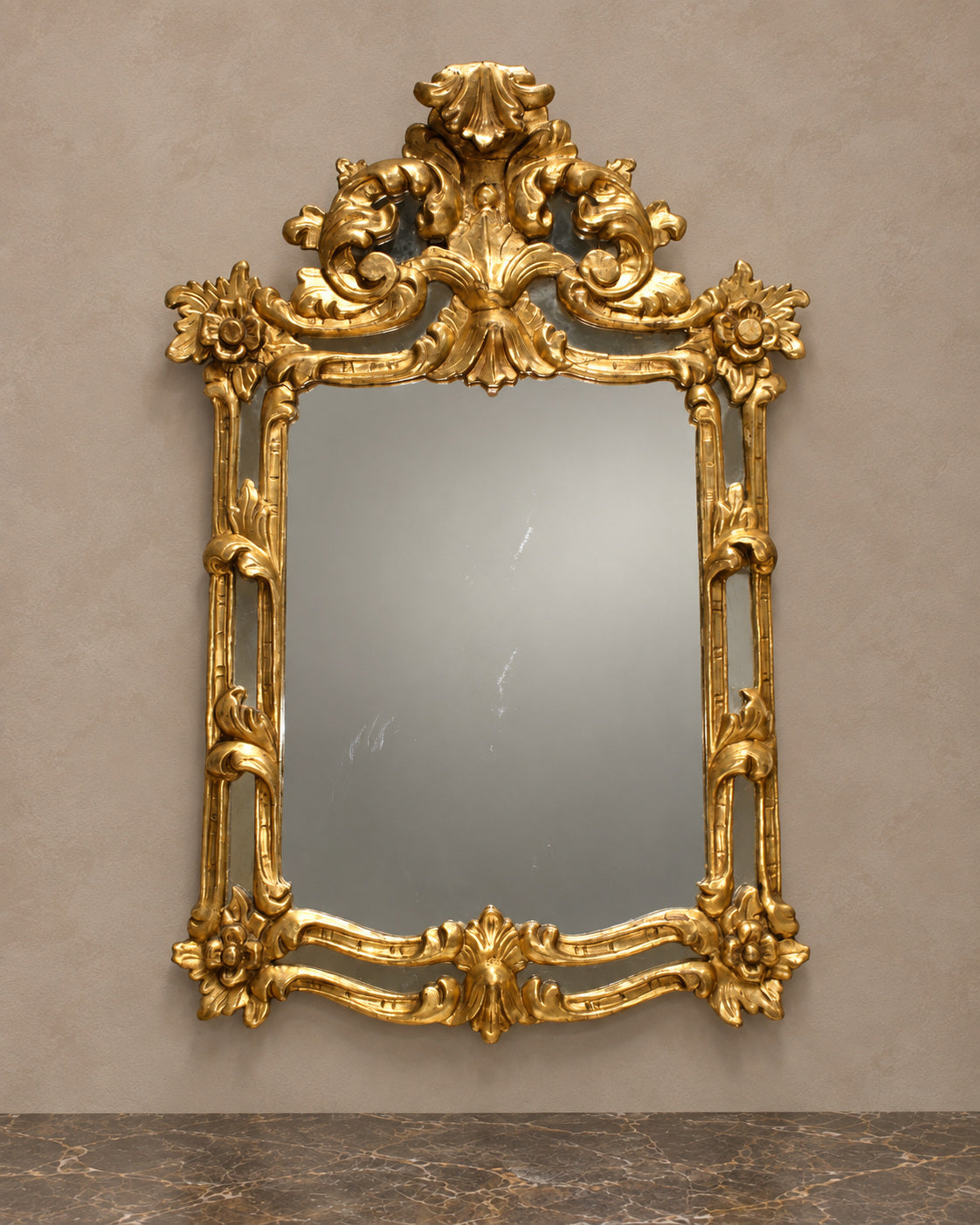 Rococo Giltwood Wall Mirror with Floral Crest — main view