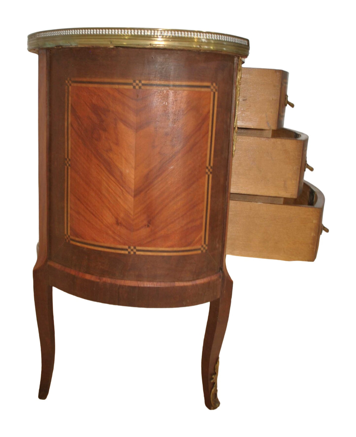 Curved Marquetry Chest with Rose Marble and Gilt Gallery — alternative view or condition detail