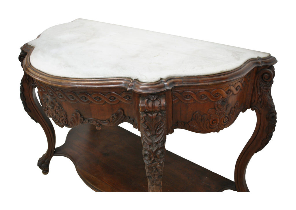 Carved Mahogany Console with Shaped White Marble Top — alternative view or condition detail